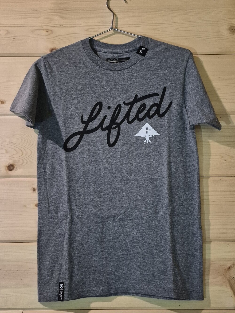 Lrg Gray Short Sleeve Tee with Script Design Size S 17x26